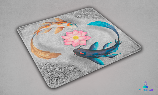 Decorative mouse pad with koi fish and lotus design on a gray background